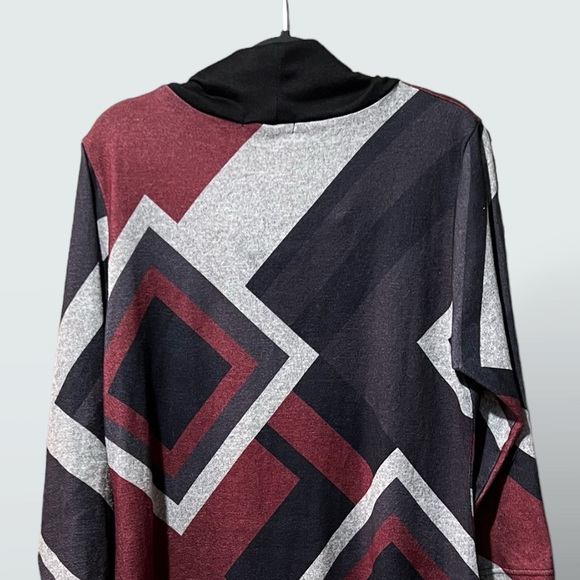 Funsport Black/Burgundy/Grey Geometric Print Cowl Neck Knit Tunic Top - Picture 8 of 11
